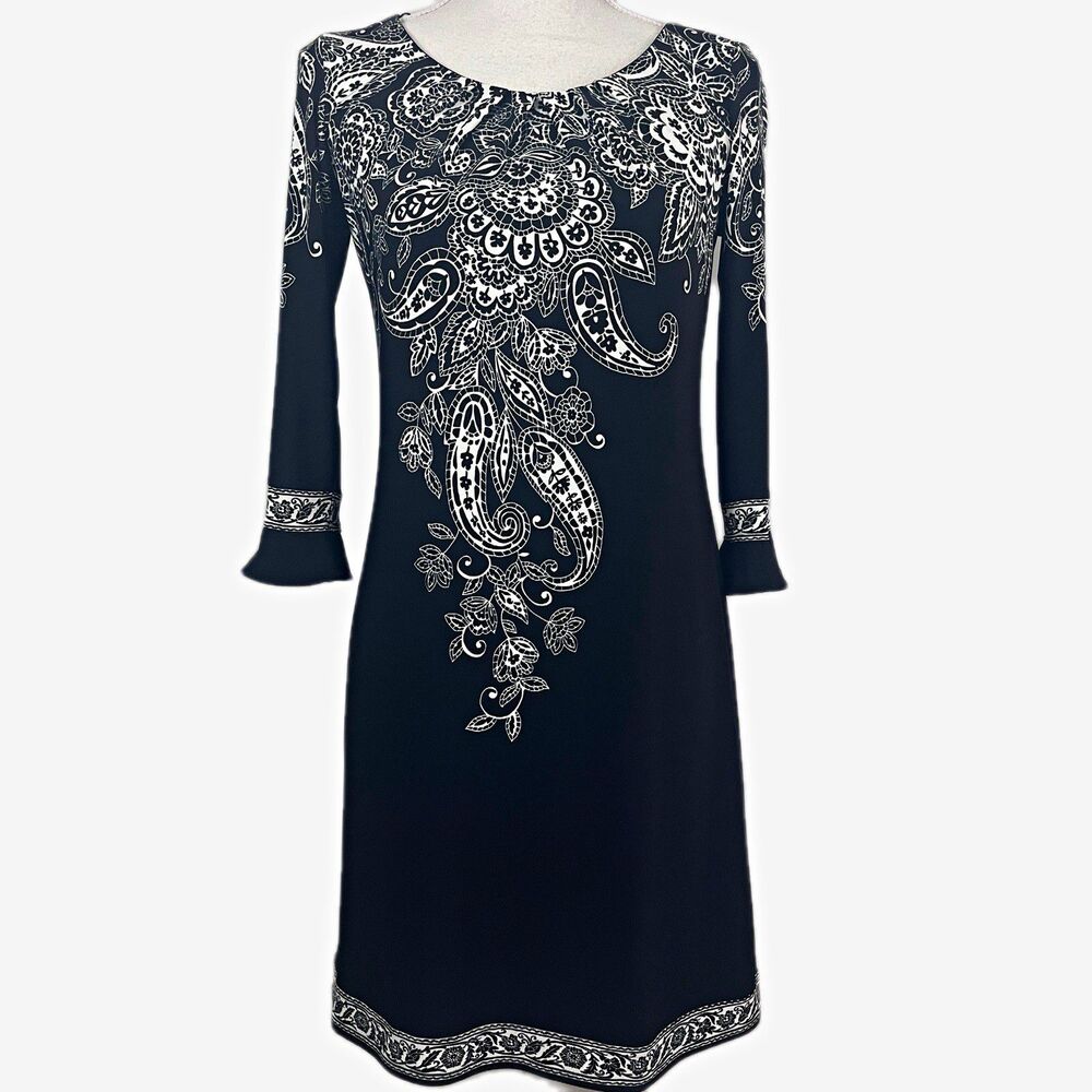 London Times Black & White Paisley Sheath Dress 4P Petite 3/4 Sleeve Stretch